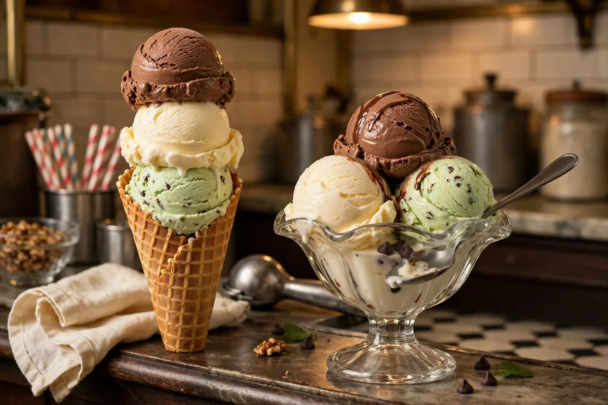Oberweis ice cream menu prices 2026 scoops waffle cone and sundae dish at dairy parlor