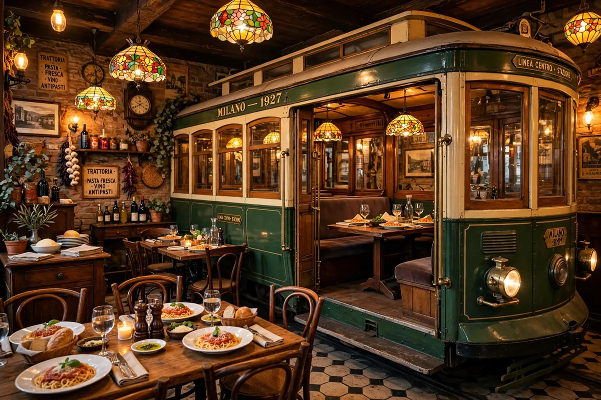 Old Spaghetti Factory menu prices 2026 restaurant interior with antique trolley dining room