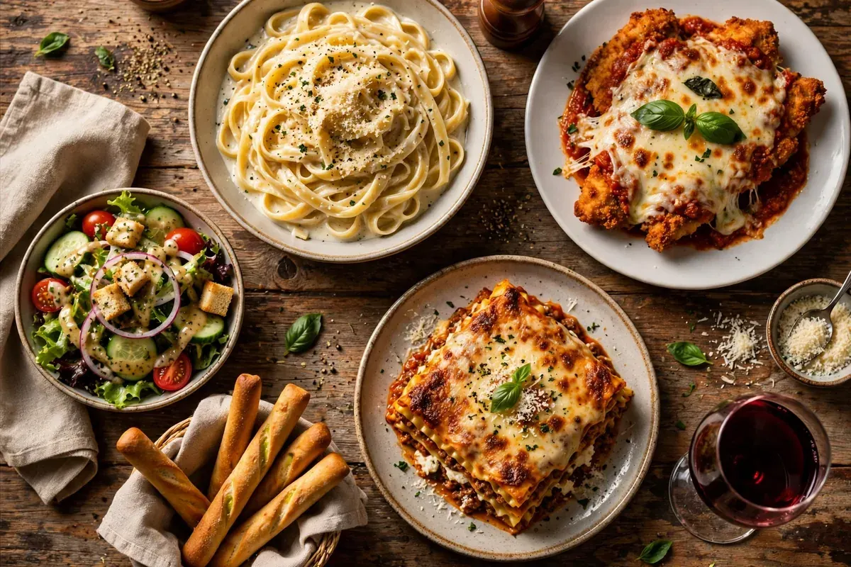 Olive Garden menu prices 2026 Italian table spread fettuccine alfredo chicken parmigiana lasagna breadsticks salad