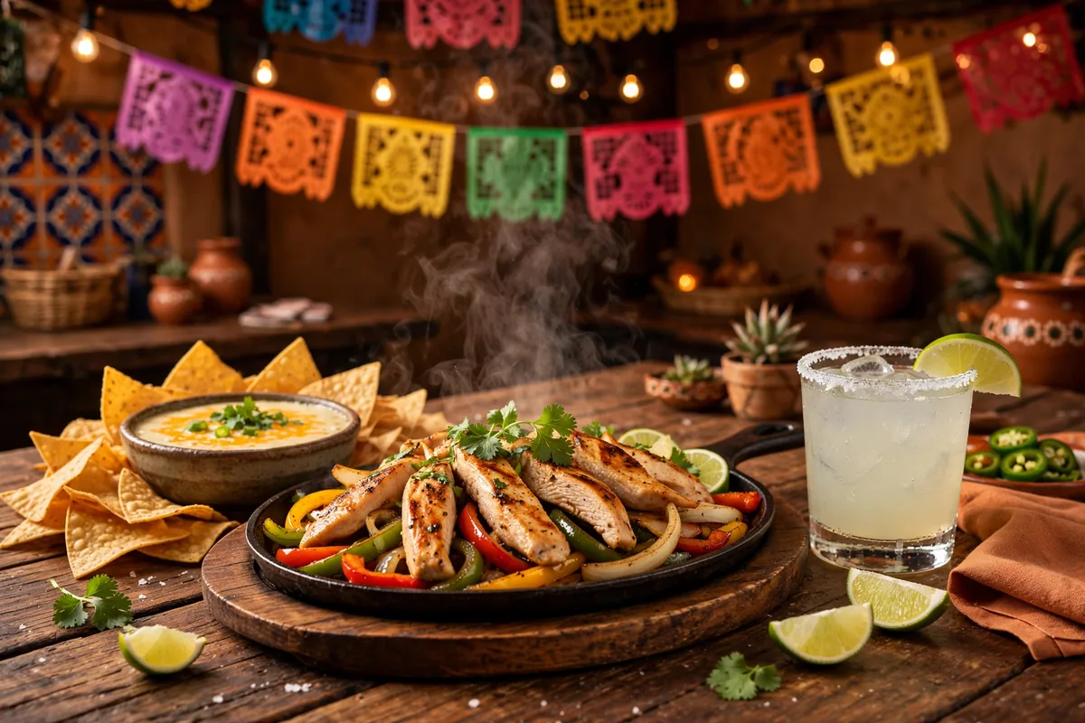 On The Border deals: fajitas, queso and margaritas on a cantina table