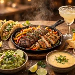 On The Border menu prices 2026: sizzling fajitas, tacos, guacamole and margarita on a restaurant table