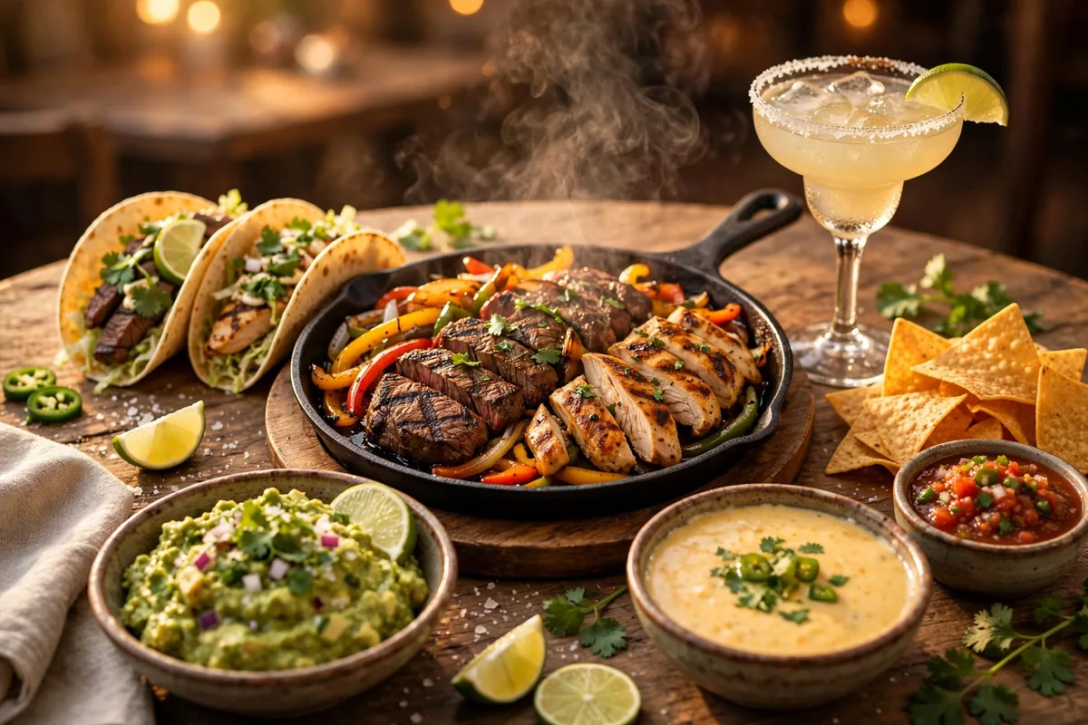 On The Border menu prices 2026: sizzling fajitas, tacos, guacamole and margarita on a restaurant table