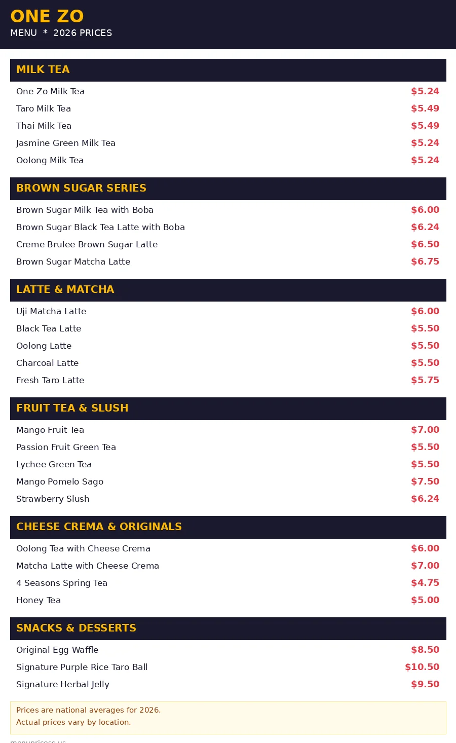 One Zo menu prices 2026 menu card with all drink categories and prices
