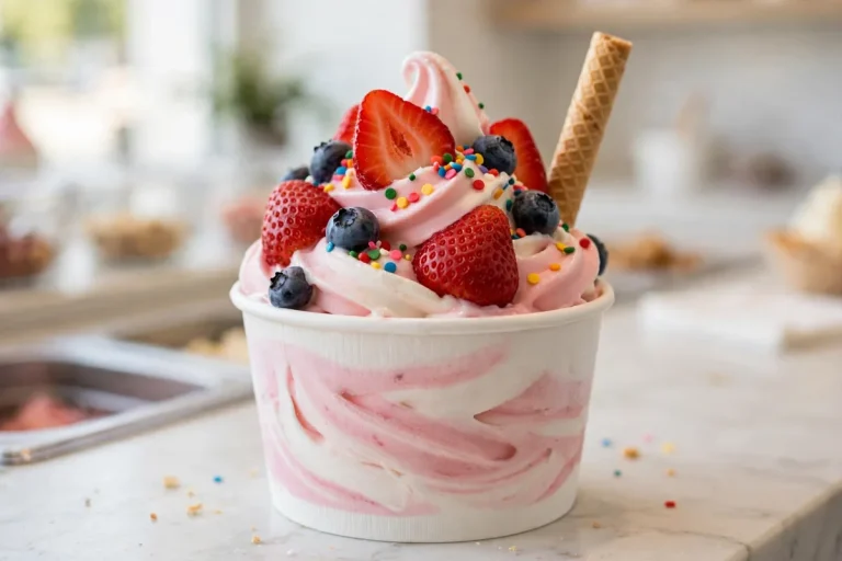 Orange Leaf menu prices 2026 frozen yogurt cup with fresh berries and sprinkles