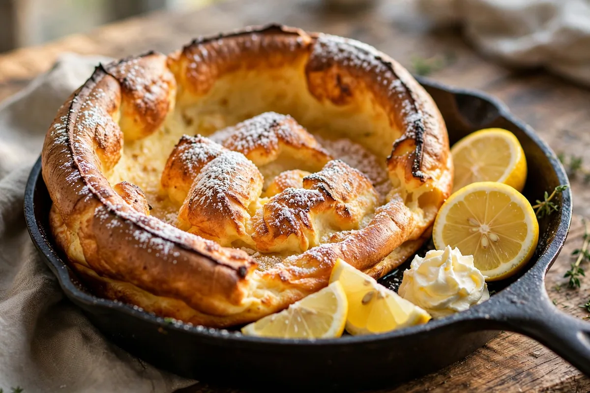 Original Pancake House Dutch Baby pancake with lemon and powdered sugar - signature oven-baked pancake