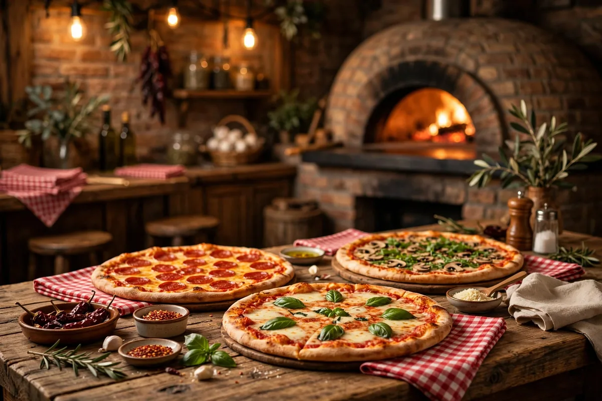 Pagliacci pizza restaurant interior with fresh pizzas on a wooden table