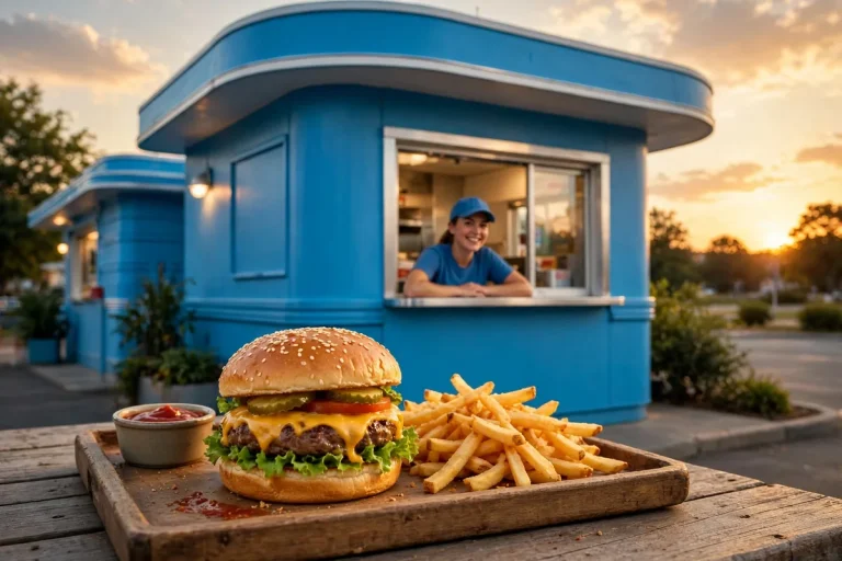 Pals Sudden Service deals guide: drive-thru burger restaurant exterior at golden hour