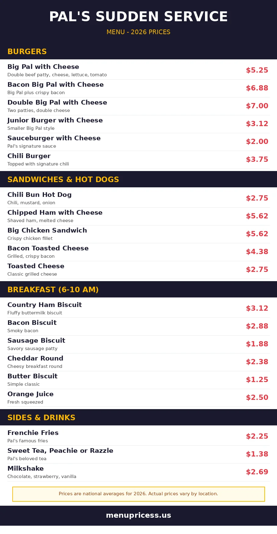 Pal's Sudden Service menu prices 2026 menu card