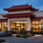 Panda Express locations, restaurant storefront exterior at dusk