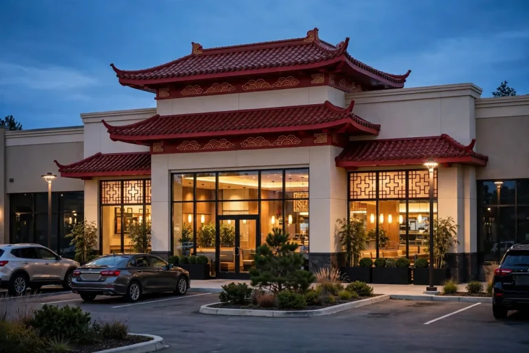 Panda Express locations, restaurant storefront exterior at dusk