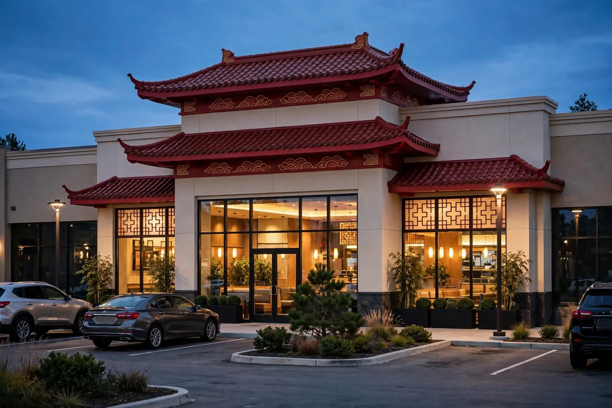Panda Express locations, restaurant storefront exterior at dusk