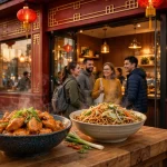 Panda Express working hours, warm Chinese restaurant storefront in the evening