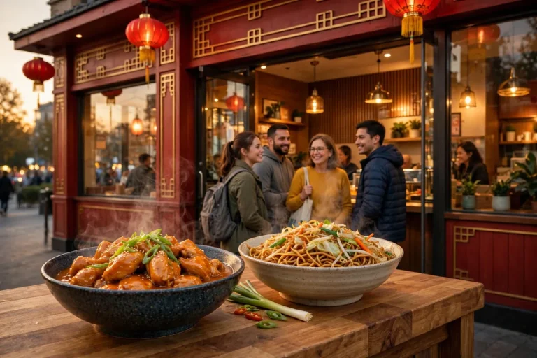 Panda Express working hours, warm Chinese restaurant storefront in the evening