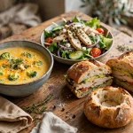 Panera Bread menu calories: broccoli cheddar soup, chicken salad and sandwich on a bakery cafe table