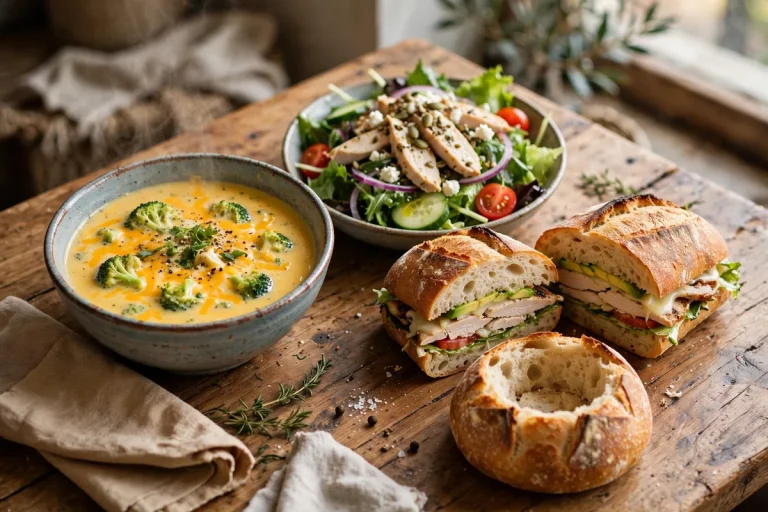 Panera Bread menu calories: broccoli cheddar soup, chicken salad and sandwich on a bakery cafe table