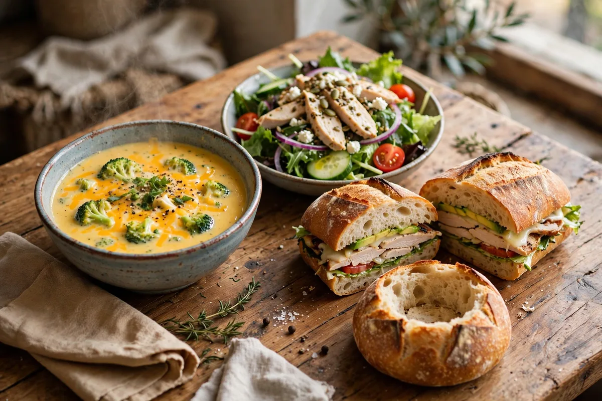 Panera Bread menu calories: broccoli cheddar soup, chicken salad and sandwich on a bakery cafe table