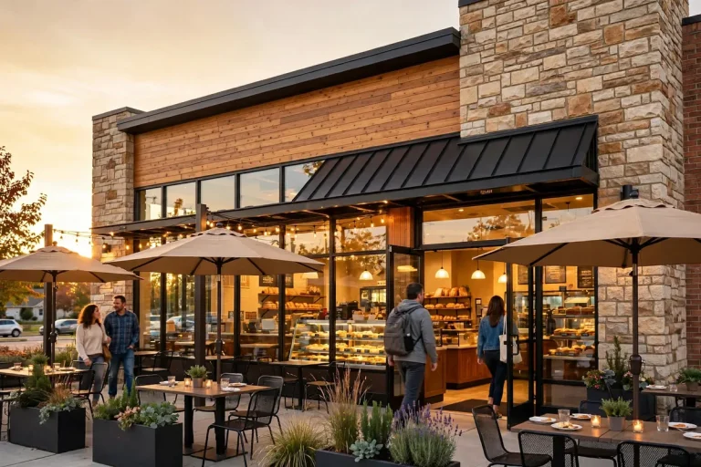 Panera Bread locations near me: bakery-cafe storefront at golden hour