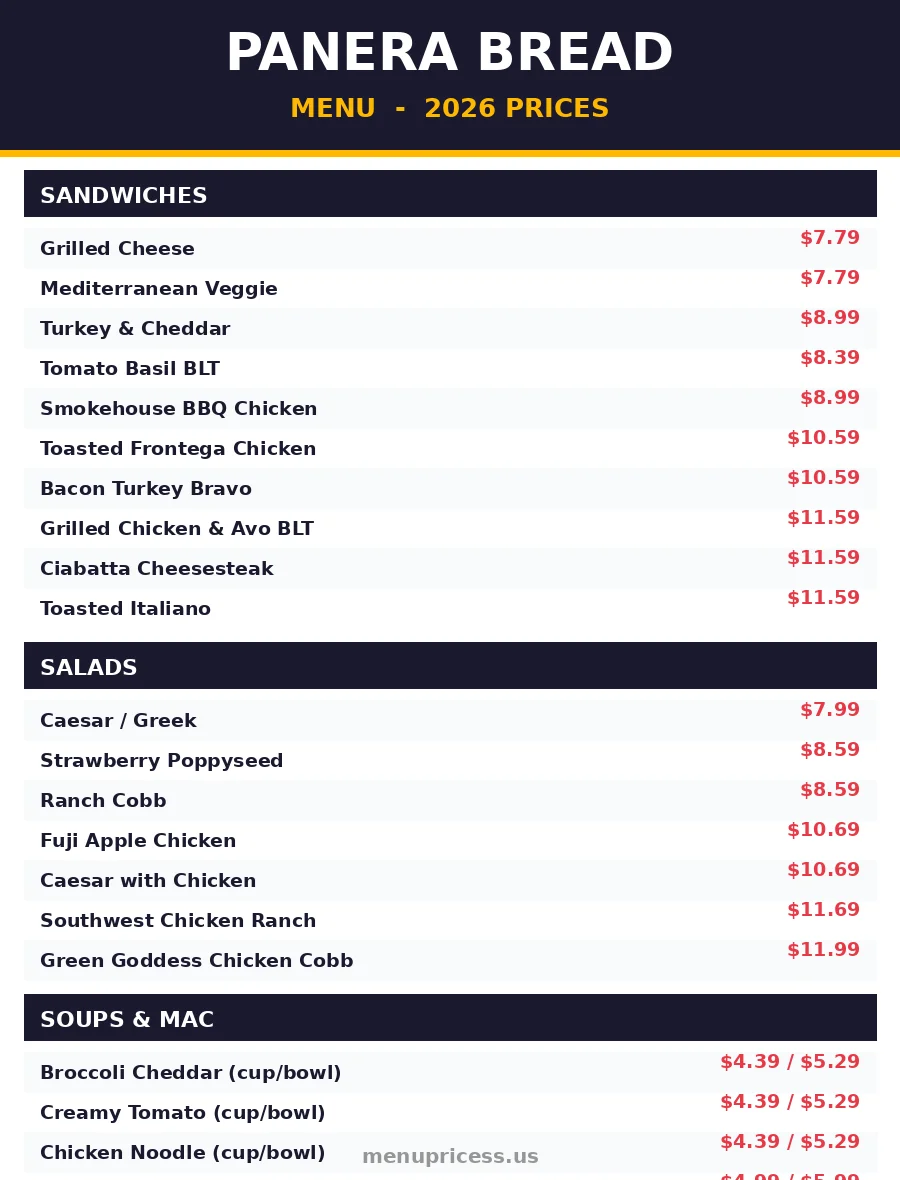 Panera Bread full menu with 2026 prices menu card