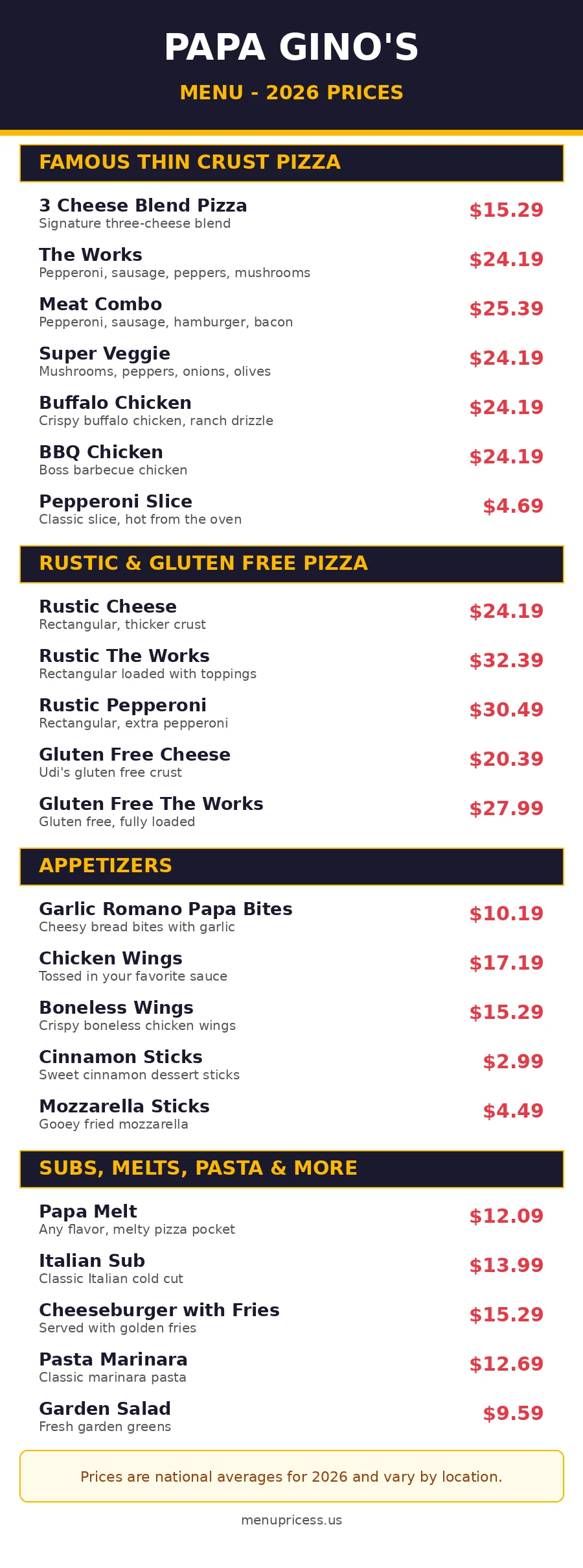 Papa Ginos pizza menu prices 2026 menu card