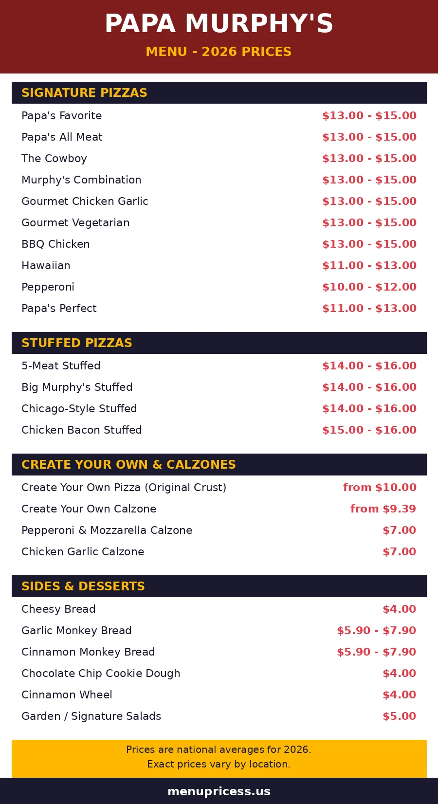 Papa Murphy's menu card with prices 2026