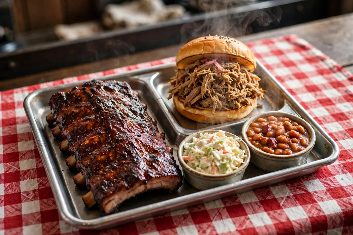 Pappy's Smokehouse deals: half slab ribs with sides on a tray