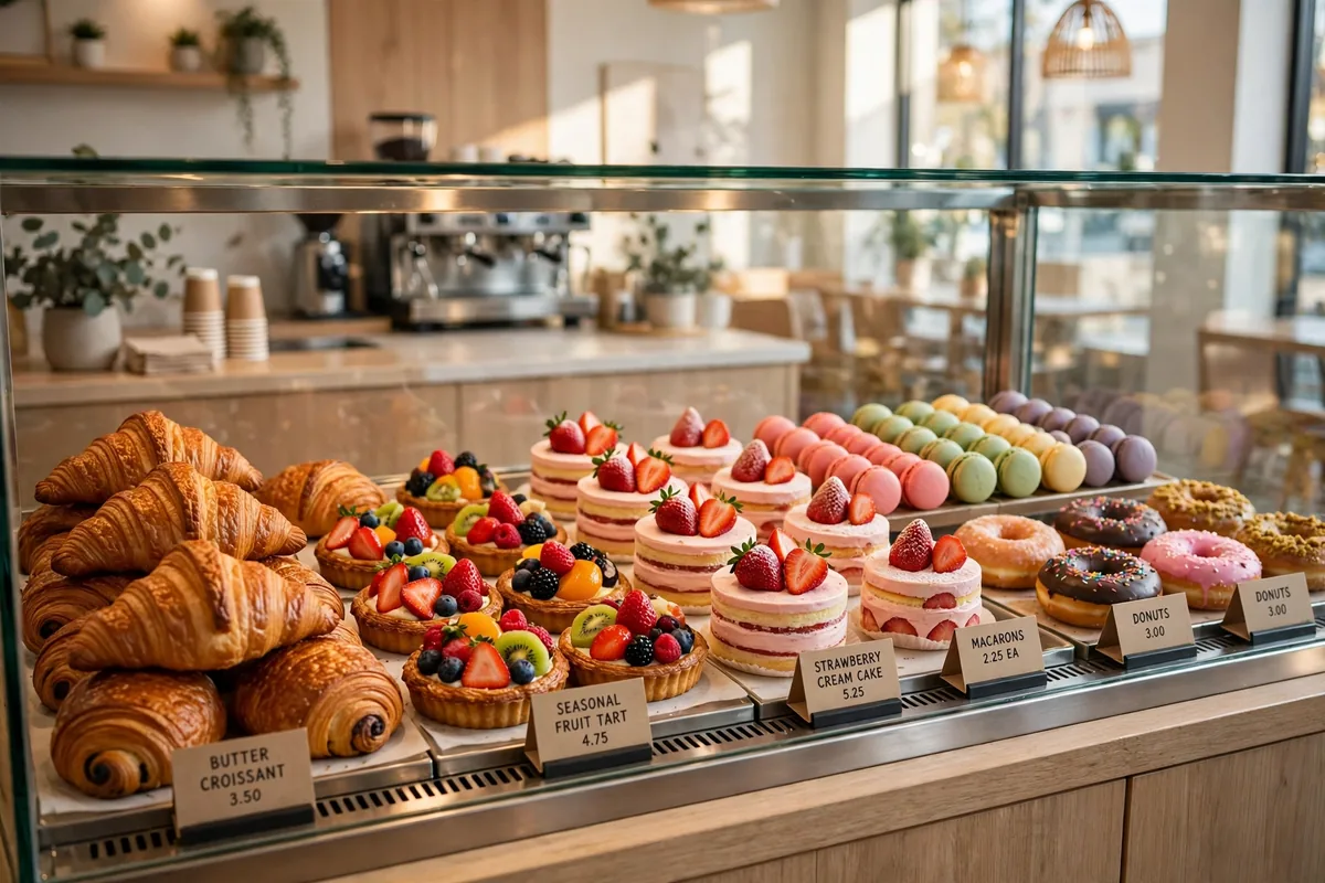Paris Baguette menu 2026 - bakery display with croissants, pastries and cakes
