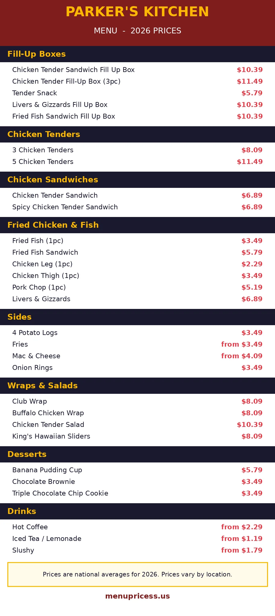 Parkers Kitchen menu prices card 2026 with Fill-Up Boxes, chicken tenders, sides and dessert prices