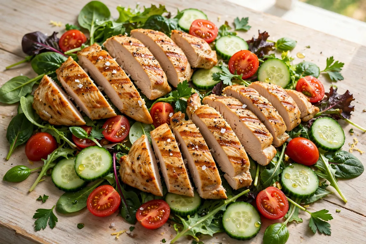 PDQ menu calories guide, grilled chicken tenders over a fresh garden salad