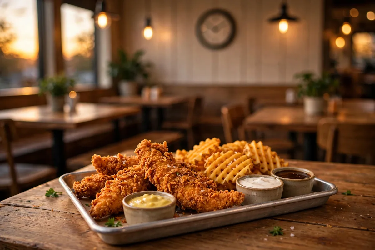 PDQ working hours restaurant dining room at dinner time with chicken tenders