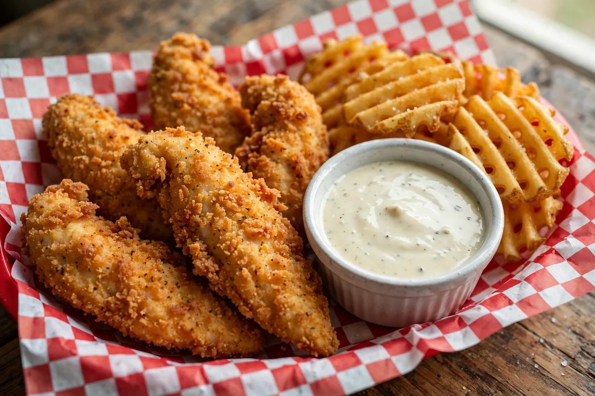 Crispy PDQ chicken tenders and waffle fries served during PDQ working hours
