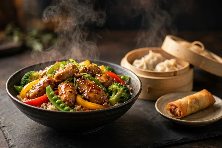 Pei Wei menu prices 2026 Asian wok noodle bowl with chicken dumplings and spring rolls