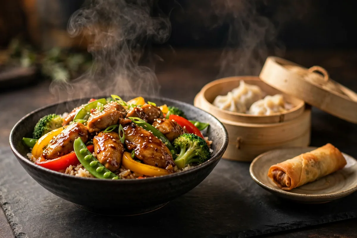 Pei Wei menu prices 2026 Asian wok noodle bowl with chicken dumplings and spring rolls
