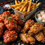 Pelicana Chicken menu prices 2026: Korean fried chicken feast with yangnyeom and soy garlic glazes, fries and pickled radish