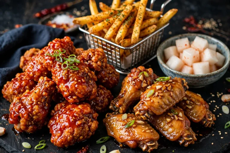 Pelicana Chicken menu prices 2026: Korean fried chicken feast with yangnyeom and soy garlic glazes, fries and pickled radish