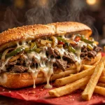 Grilled cheesesteak sub with melted cheese and fresh-cut fries