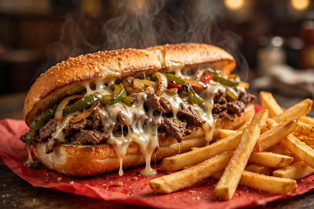 Grilled cheesesteak sub with melted cheese and fresh-cut fries