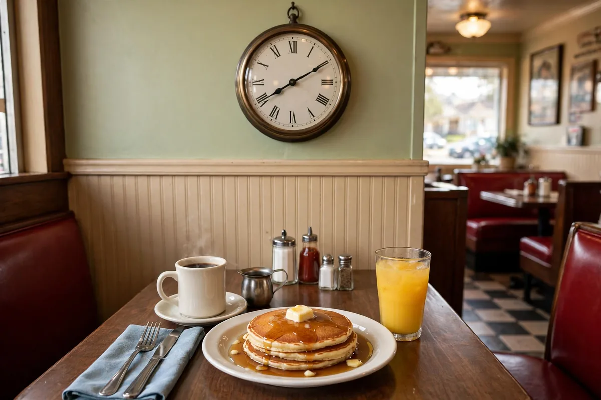 Clock over a breakfast table showing typical Perkins menu locations opening hours