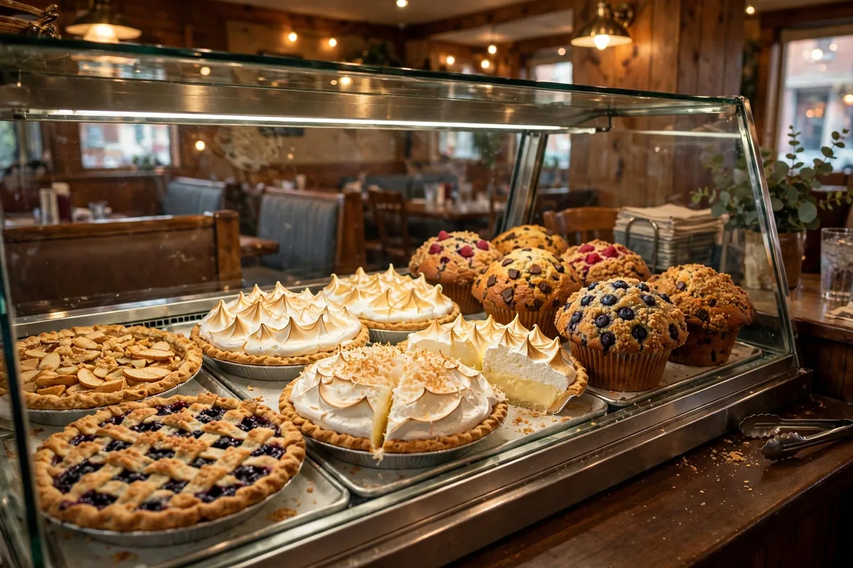 Bakery case of fresh pies and giant muffins at a Perkins menu location