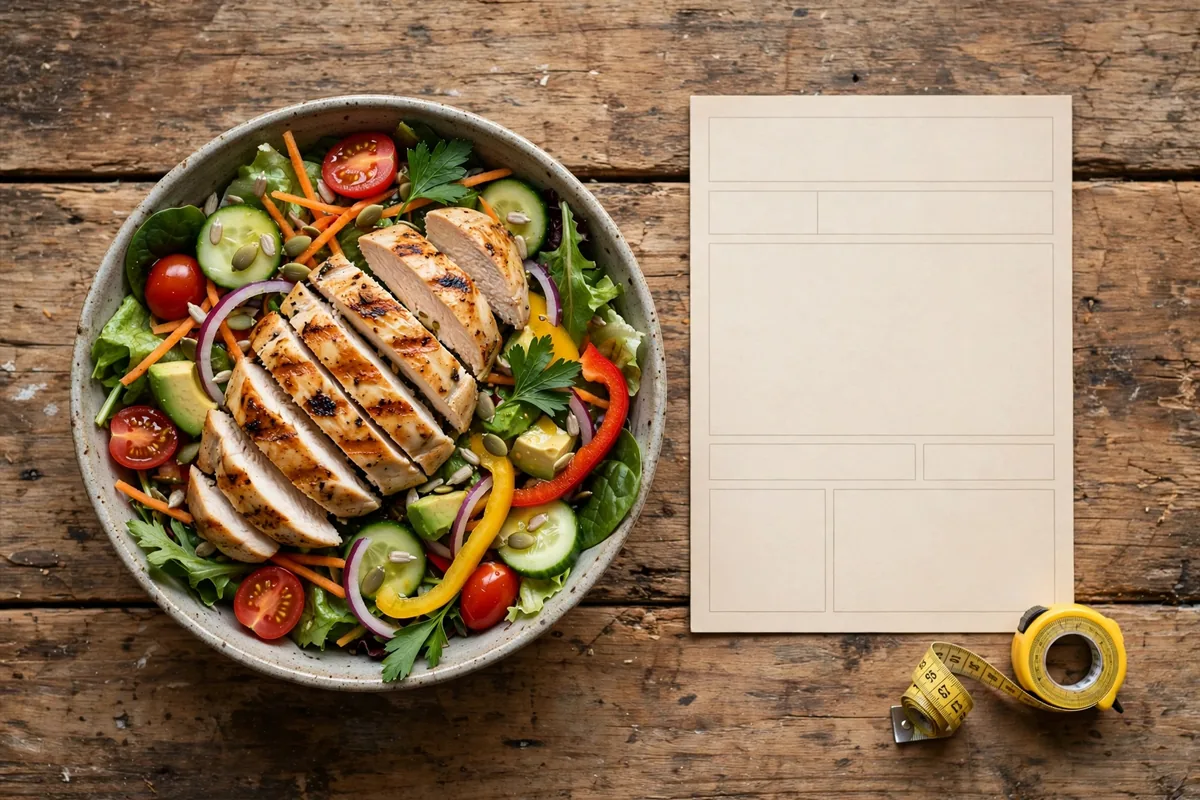 Perkins menu calories guide: grilled chicken salad beside a nutrition facts label