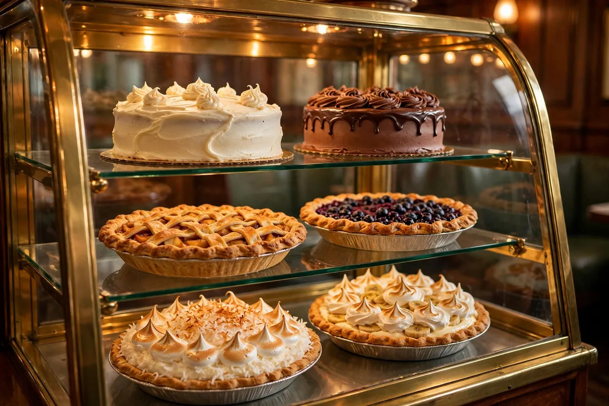 Perkins pie calories per slice: bakery display case with fruit and cream pies