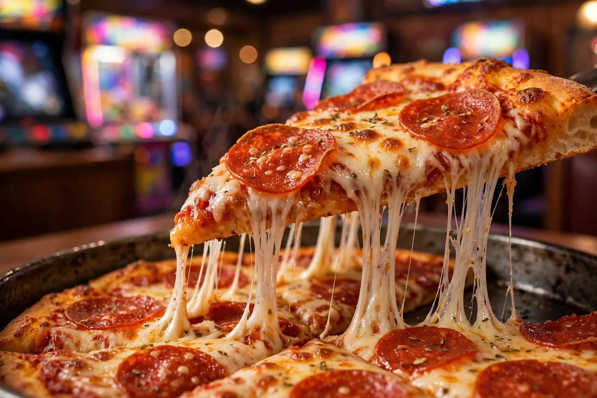 Peter Piper Pizza menu prices 2026 pepperoni pizza slice with cheese pull at arcade restaurant