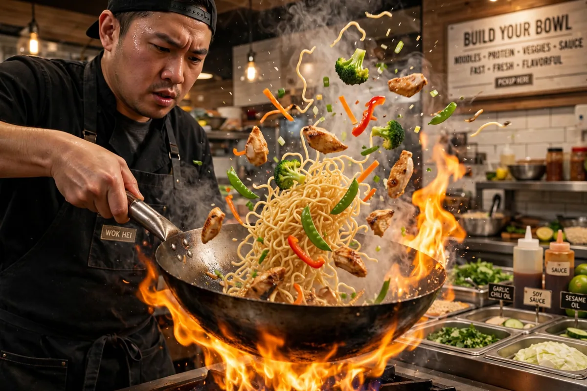 pick up stix menu wok-tossed noodles being cooked in open kitchen