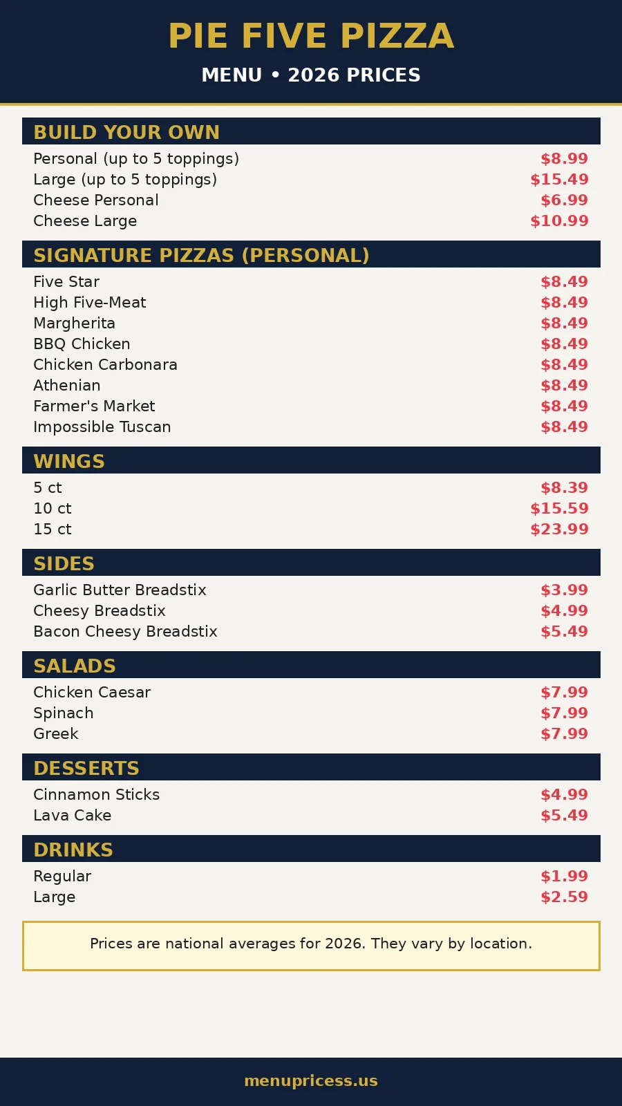Pie Five Pizza menu prices 2026 card