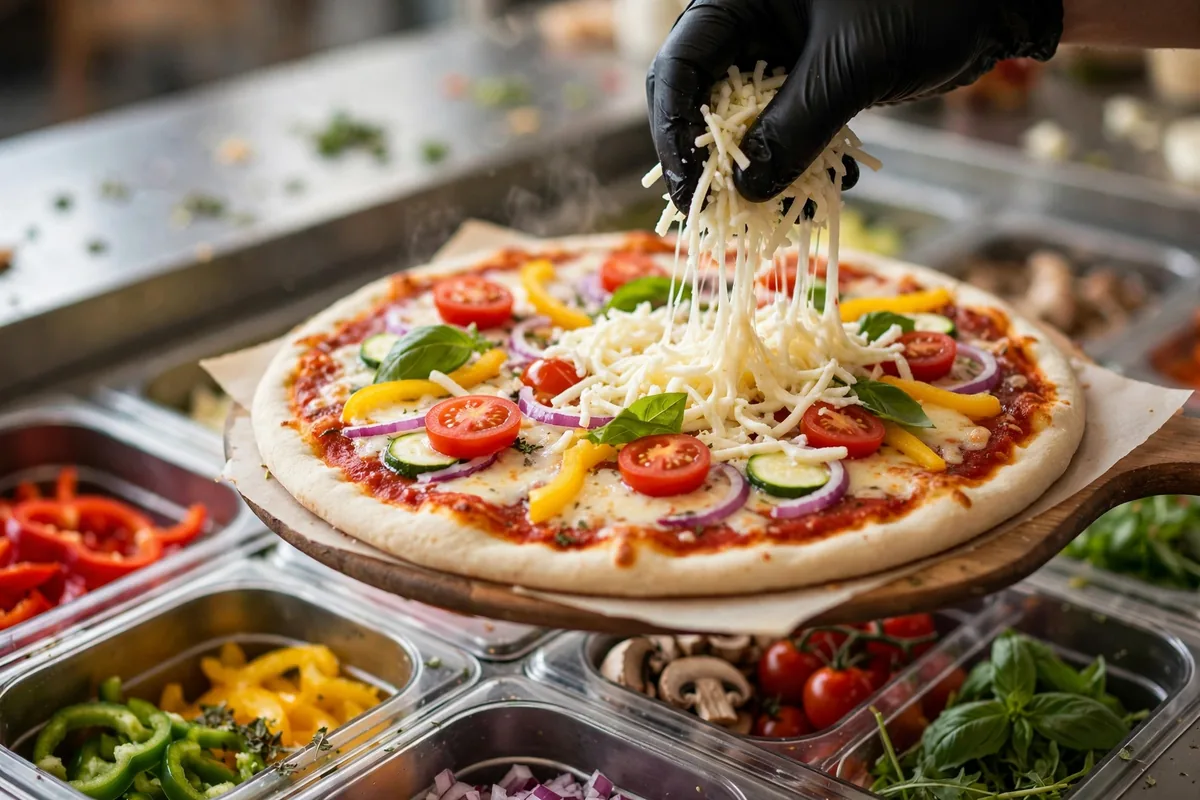 Pieology locations near me: custom pizza being built at a Pieology pizzeria counter