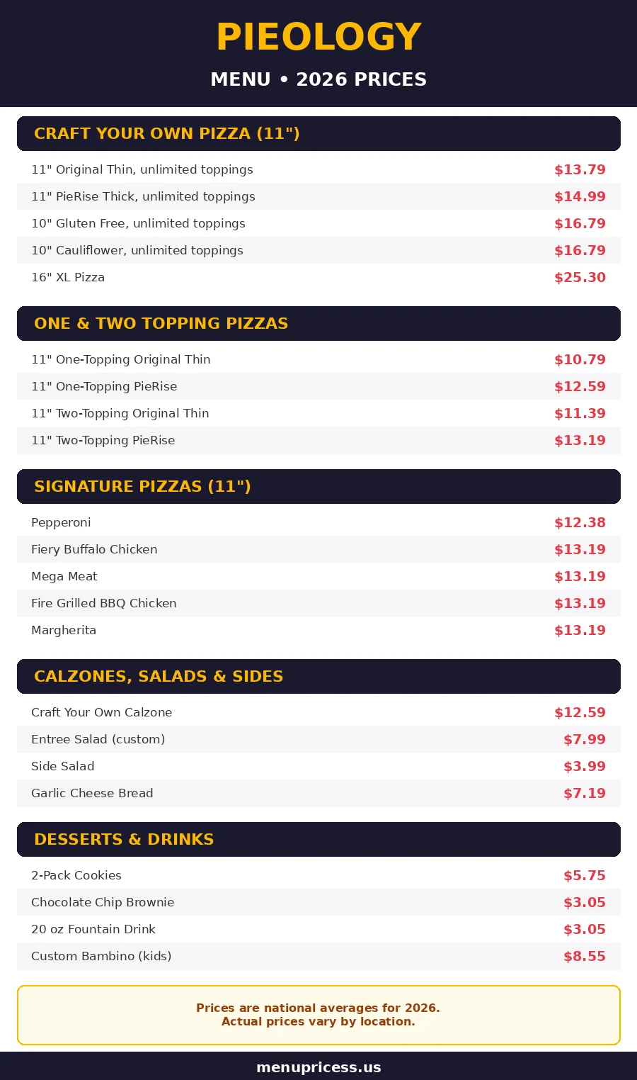 Pieology menu prices 2026 menu card with craft your own, signature pizza, salad, dessert and drink prices