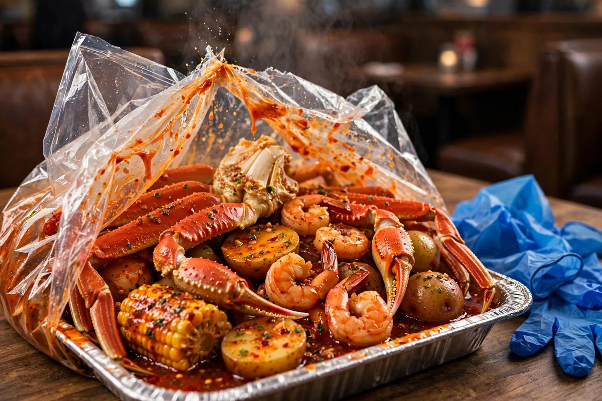 Pier 88 seafood boil bag with snow crab legs and shrimp in Cajun butter sauce