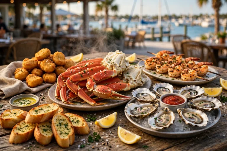 Pinchers menu prices 2026 seafood spread with crab legs oysters and shrimp