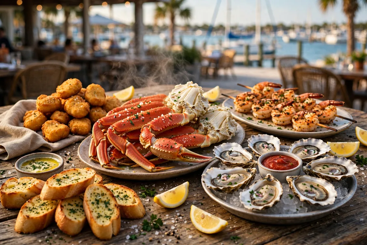 Pinchers menu prices 2026 seafood spread with crab legs oysters and shrimp