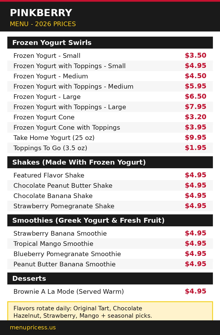 Pinkberry menu prices 2026 menu card with frozen yogurt, shakes, smoothies and dessert prices