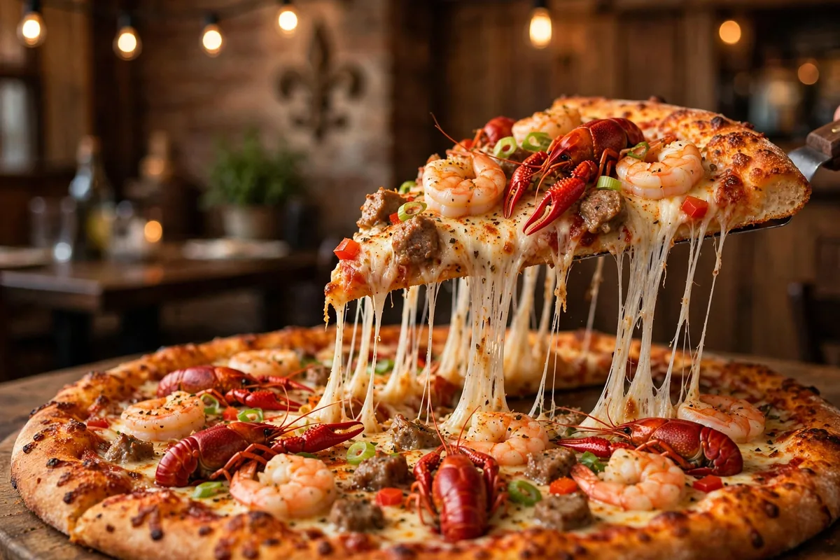 Pizza Artista menu Cajun seafood pizza with shrimp crawfish cheese pull prices